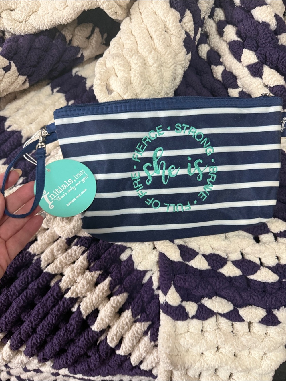 Initials, Inc. Navy & White Striped 'She Is' Cosmetic Wristlet